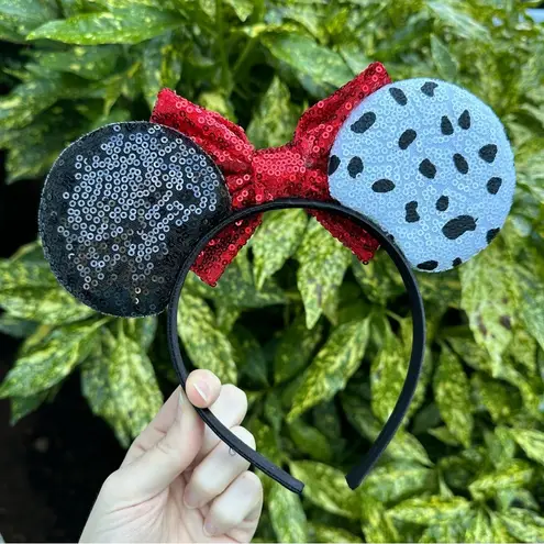 NEW Dalmatians Cruella Disney Movie Theme Sequin Mouse Ears Headband Polka Dot Black