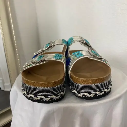 Chunky Silver Blue Rhinestone Beaded Bedazzled Platform Sandal Slides 10 10.5