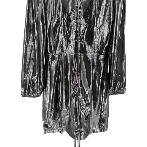 French Connection  Silver Metallic Drape Faux Wrap Mini Dress Long Sleeves size 4