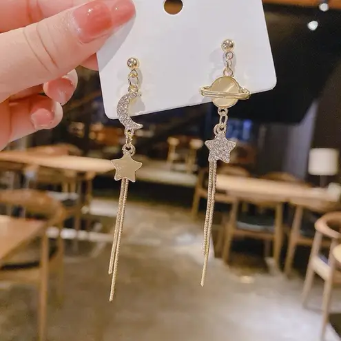 Moon Planet Long Tassel Dangle Drop Earrings for Women Gold