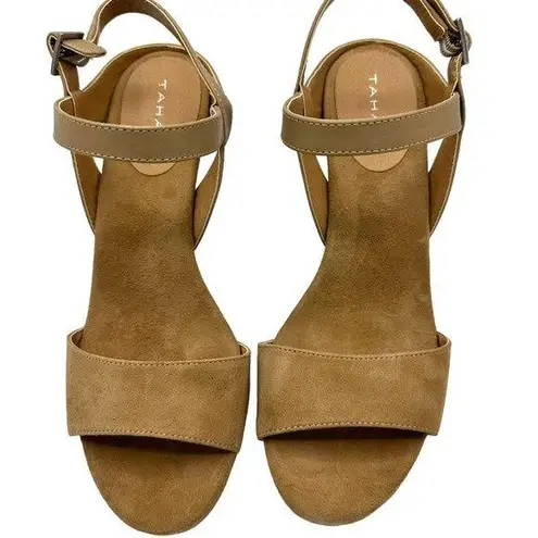 Tahari TAN BROWN CORK SOFT SUEDE WEDGE SANDALS SIZE 10