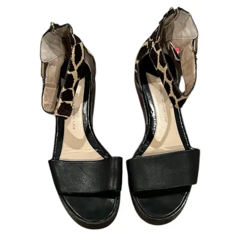 10 Crosby Derek Lam animal print leather ankle strap rear zip sandal shoes 8.5 Black