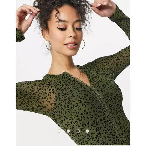 NaaNaa 1/2 Zip Front Green Bodycon Mini Animal Print Women 6 Mesh Dress