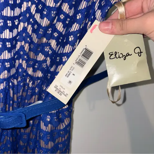 Eliza J lace eyelet belted Patterned Dress blue nude size 6