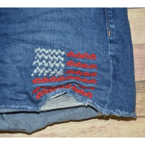 Old Navy  Ladies Denim Cut Off Raw Hem Shorts Size 14 American Flag Embroidered