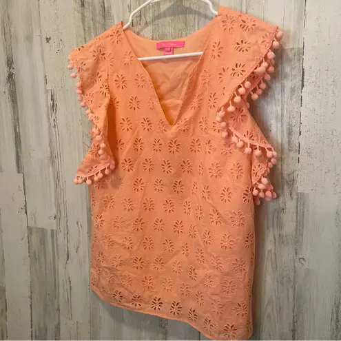 Lilly Pulitzer  Palm Tree Eyelet Embroidered Ruffle Top -Coral size M