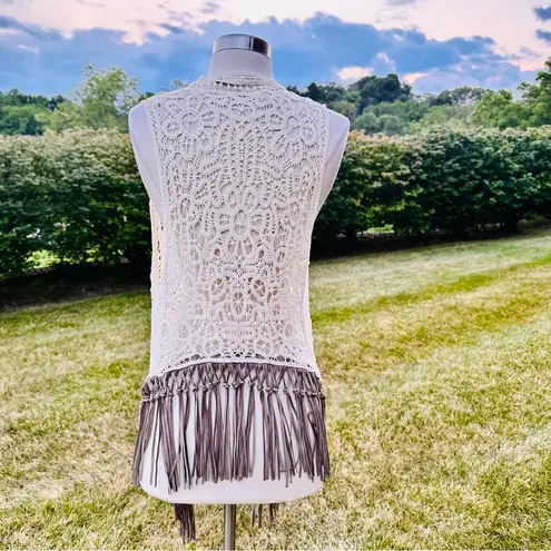 Origami Crochet & Lace Vest with Fringe, Boho Country Coachella, size S/M Tan