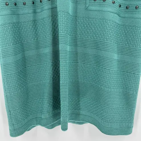 Ming Wang Stud Trim Tonal Stripe Knit Dress Knee Length Turquoise Size Medium