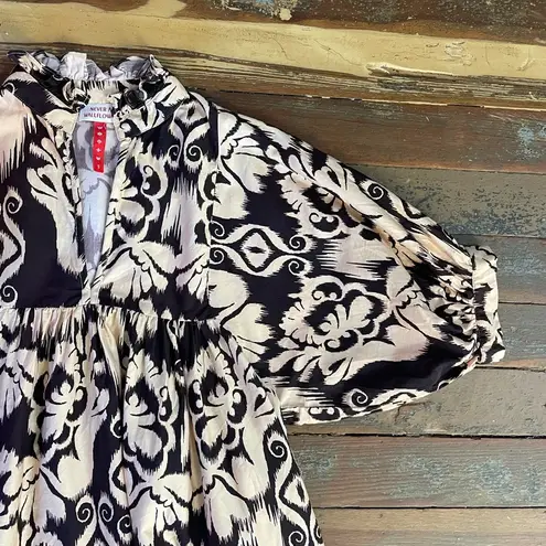 Never A Wallflower Ruffle Neck Damask Babydoll Cotton Mini Dress