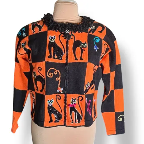 Vintage 90s Berek Halloween Black Cat Sweater Orange Black Checkerboard Medium