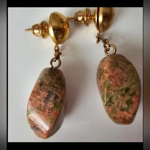 Unakite Jasper Crystal Gold Tone Metal Dangle Pierced Earrings Orange