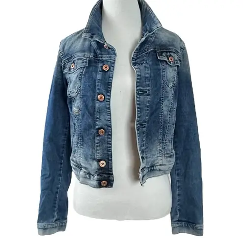 Diesel Fringi NE Denim Jean Jacket Women’s Small Leather Logo Stretch Fitted Y2K