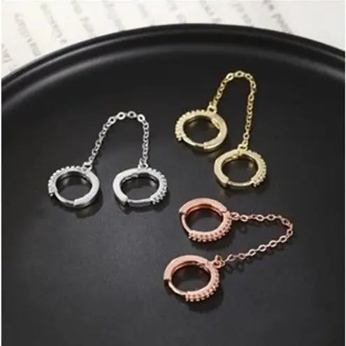 Boho 2 Tiny Double Huggie Hoop Cuffs Tassel Chain Dangle Earrings Gold A0116