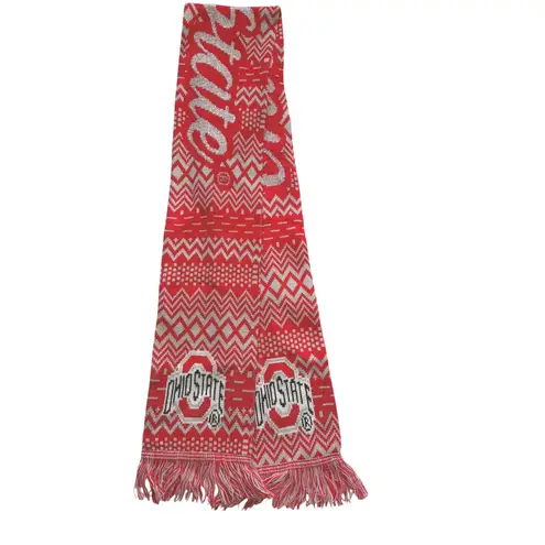 Ohio State Buckeyes Red Silver Knit Scarf with Fringe "O" Logo "OHIO STATE"