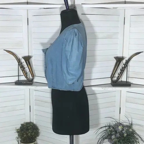 Cenzo Denim Cropped Top Puff Sleeve Light Blue