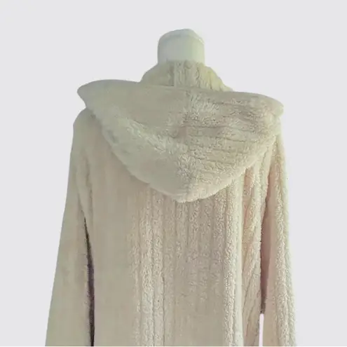 NWOT Source Unknown Open Front Tan Plush Ribbed Hooded Teddy Cardigan Pockets Size L
