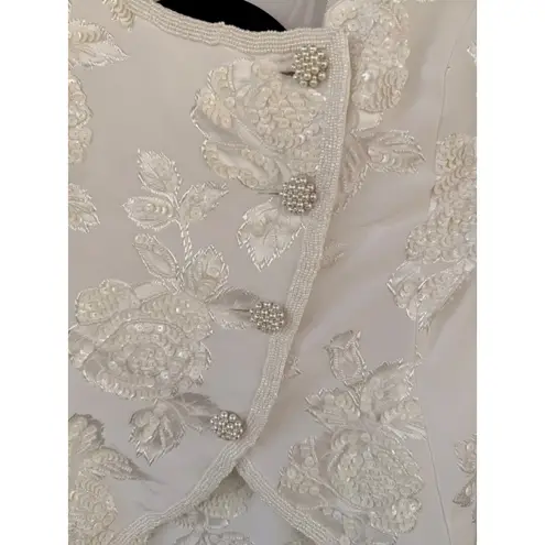 T11 80s VTG D'ore Della Roufogali Beaded Brocade Skirt Suit Floral Pearl Sequin White Size 8