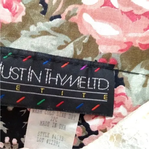 Vintage 80s Just in Thyme Floral Blouse Layered Lace Pink Black Green sz 12P M