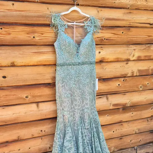 Mac Duggal 79230 Embellished Feather Cap Sleeve Illusion Neck Trumpet Gown