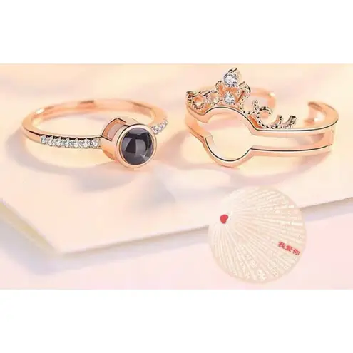 2 in one Rhinestone Crown Ring I Love You 100 Languages Projection open Ring new