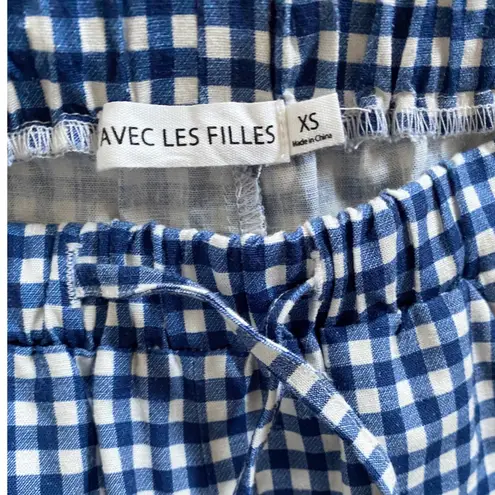 Avec Les Filles Side Tie Gingham Drawstring Pants XS Navy White Gingham NWT