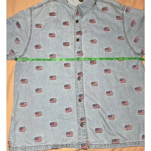 Vintage Denim Shirt Womens XL 90s American Flag Shirt Denim Button Up Patriotic Blue