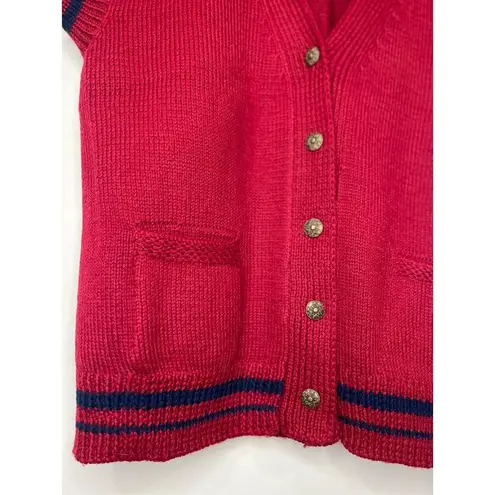 American Vintage Womens Vintage Preppy V Neck Wool Vest Red Navy Stripe Gold Button L