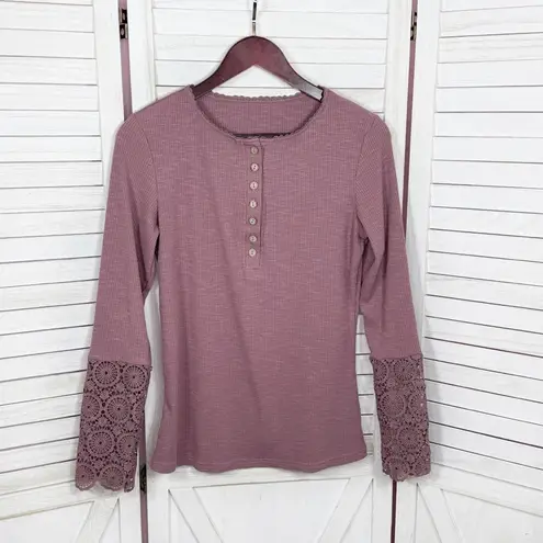 Ribbed Knit Lace Cuff Long Sleeve Henley Shirt Mauve Dusty Rose Size Large Purple