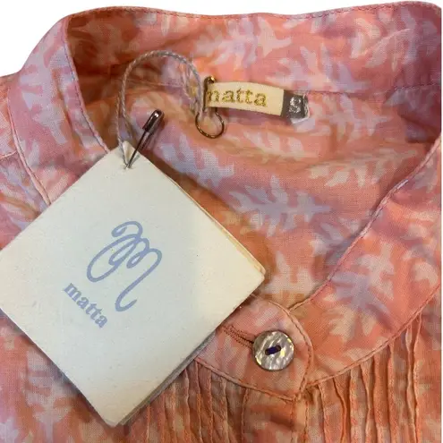 NWT MATTA Peach Iride Buti Top Pintuck Block Print Henley Tunic Women's SMALL Orange