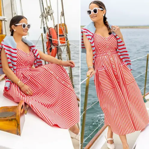 Hunter Bell Cosi Striped Midi Dress Red Poppy White Button Front Size 2 NWT - Image 4