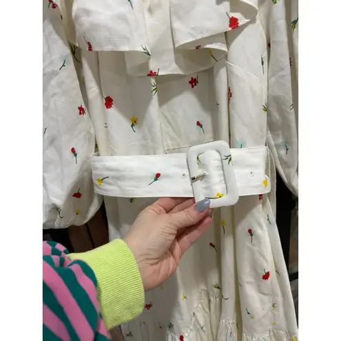 KITRI Imelda Midi Dress pockets belted linen puff sleeve square neck floral Red Size 8