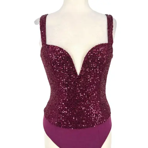 Lulus Sequin Bodysuit Plum Purple Plunging Neckline Size Medium NWT