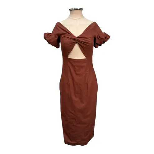 Yaura Toni Off The Shoulder Cut Out Midi Dress Size UK 10 US 6 Brown