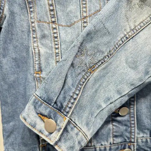 Maison Jules Y2K Blue Denim Jean Jacket Embroidered Metallic Stars on Sleeves by
