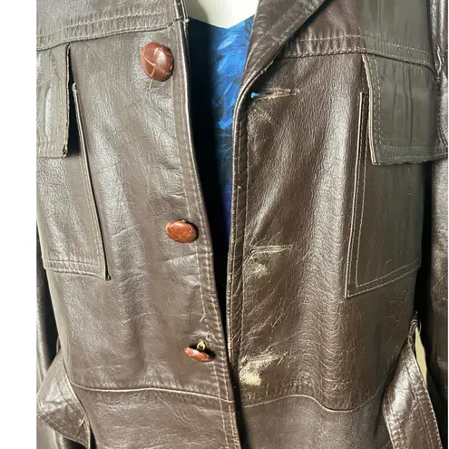 Vintage 70s Brown Leather Safari Jacket Belted Boho Utility Coat Women's M/L Size XL