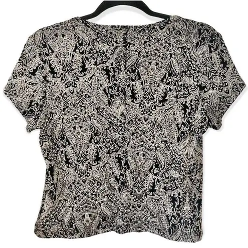 Unique Vintage Y2K Square Neck Sparkly Crop Top Silver Black Paisley 90’s Shirt