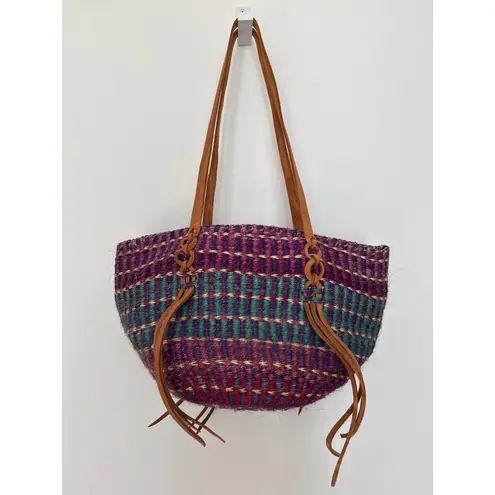 NWT Handwoven Purple & Teal Boho Retro Tote Bag with Leather Straps tassels