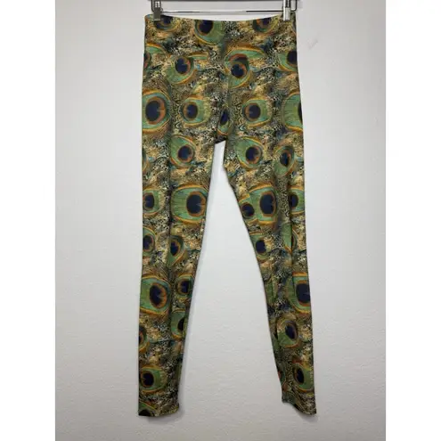 Onzie Long Leggings Yoga Pants Womens Size MT Peacock Feathers Green Low Rise