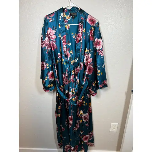 Thalia Sodi Teal Floral Satin Robe & Slip Dress L/XL Lounge Sleepwear