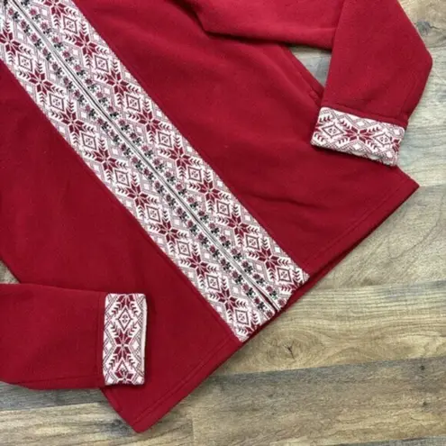 LL Bean Red Full Zip Fleece Jacket Womens Small Nordic Print Fair Isle Trim