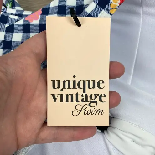 Unique Vintage Navy Gingham Floral Halter Tie Romper Style Swimsuit Sz.S/4 NWT