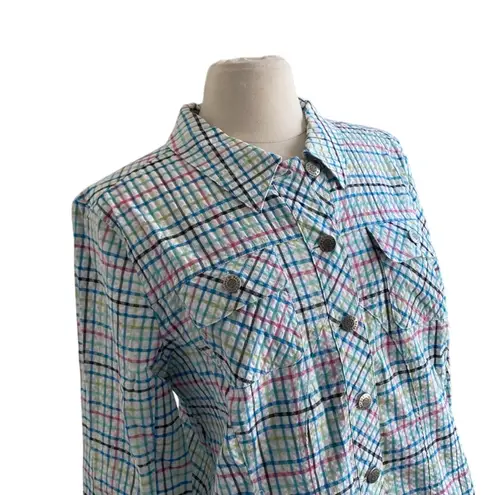 Christopher & Banks Plaid Seersucker Button Down Shirt Womens Sz Medium White