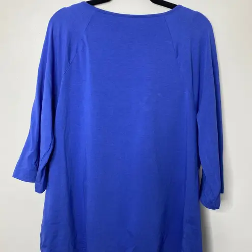Soft Surroundings Cobalt Blue Macrame Crochet Neck 3/4 Long Sleeve Tee Large