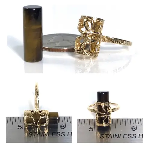 14KT 10.15 CARAT GENUINE TIGERS EYE SOLID GOLD VINTAGE RING W/ REMOVABLE GEM