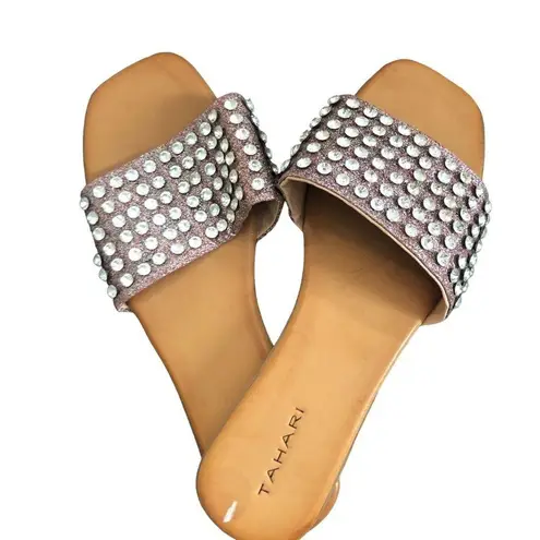 Tahari Lindona Rhinestone Studded Bling Slide Sandal 10 Faux Leather Stunning