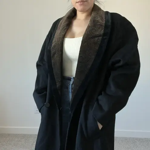 Vintage 80s Jonathan Michael Black Wool Coat Paisley Collar Made in USA L/XL Size L