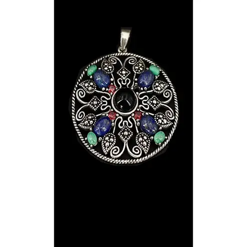 Artisan Vintage Sterling Silver Turquoise Garnet Onyx Lapis Pendant & Station Necklace