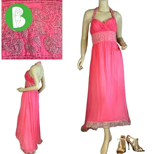 Oleg Cassini OC PINK SILK CHIFFON BEADED HALTER FORMAL DRESS (2)
