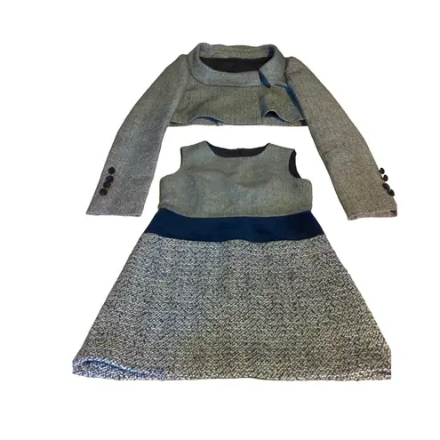 NAVY BLUE WOOL & SILK BLEND W/VELVET TWEED DRESS & BOLERO SUIT SET (36/4)