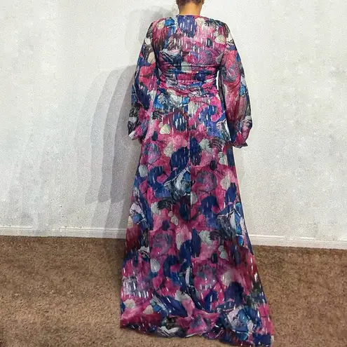 Adrienne Landau Floral Watercolor Draped High Slit Deep V Maxi Gown Sz 12 NWT Pink